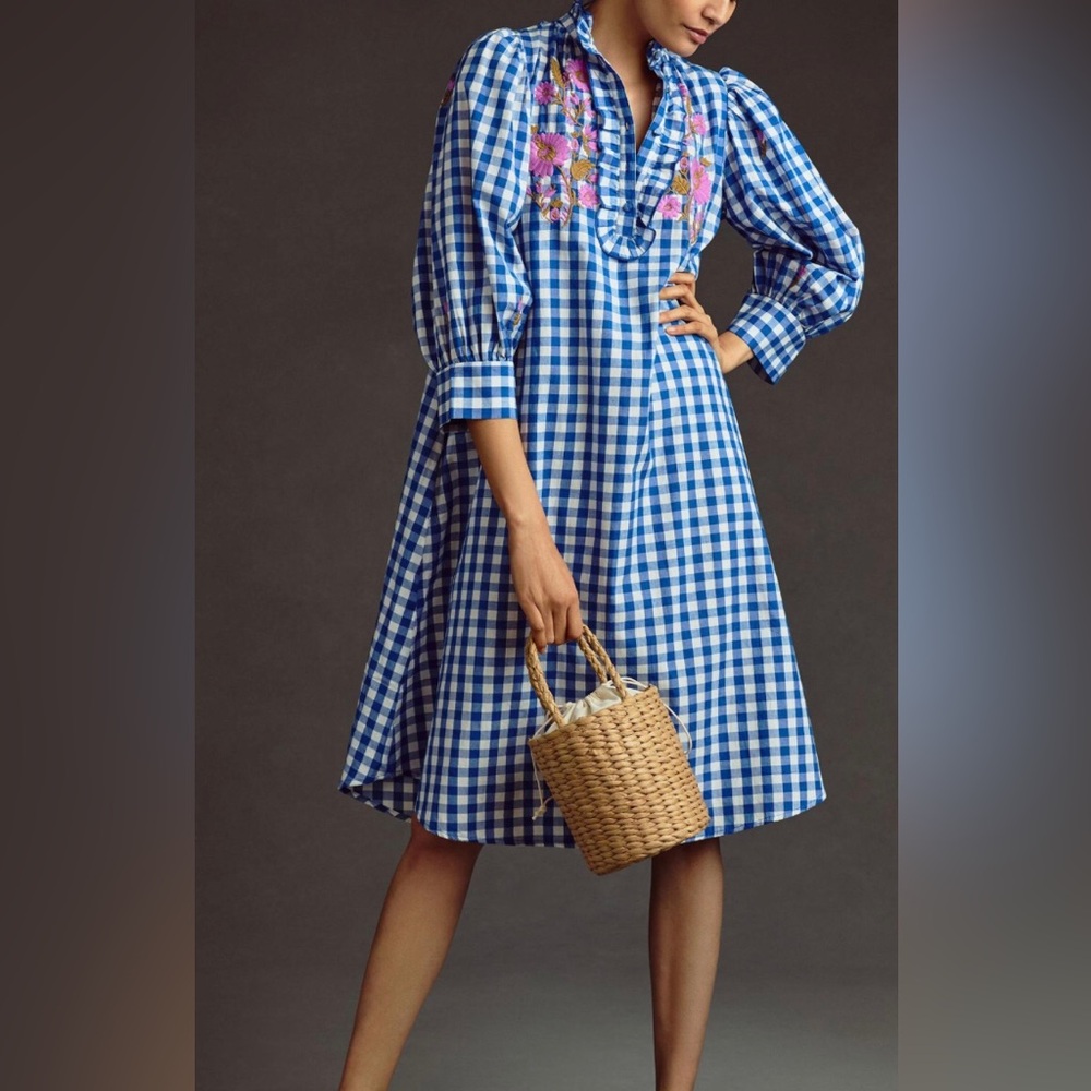 Antik Batik Polly Gingham Midi Dress Embroidered Cotton Blue & White size XS